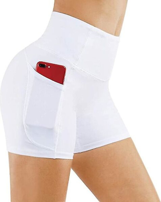 Yoga Shorts Treningstights for Kvinner Sidelommer Med Telefonlomme Høy Midje Yoga Trening Fitness Hvit (S)