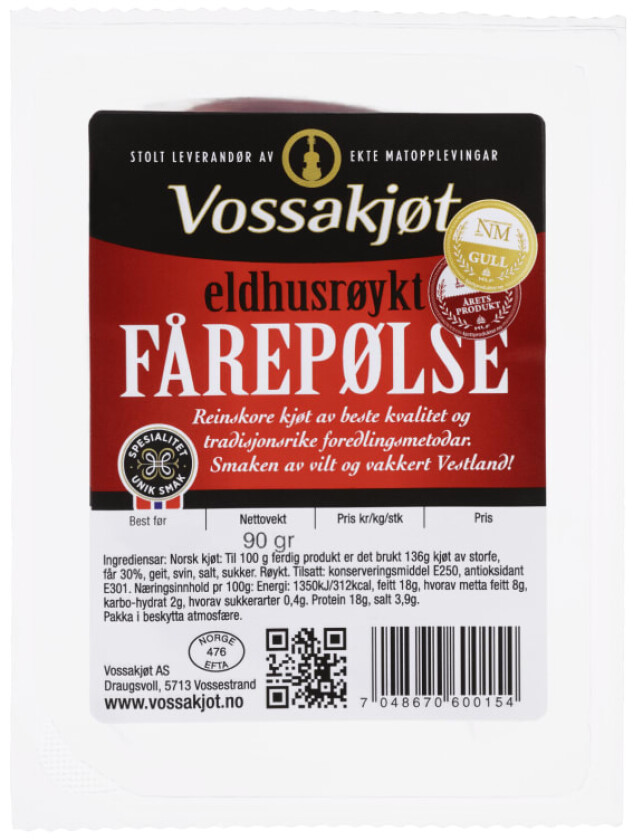 Vossakjøt Eldhusrøkyt Fårepølse 90g