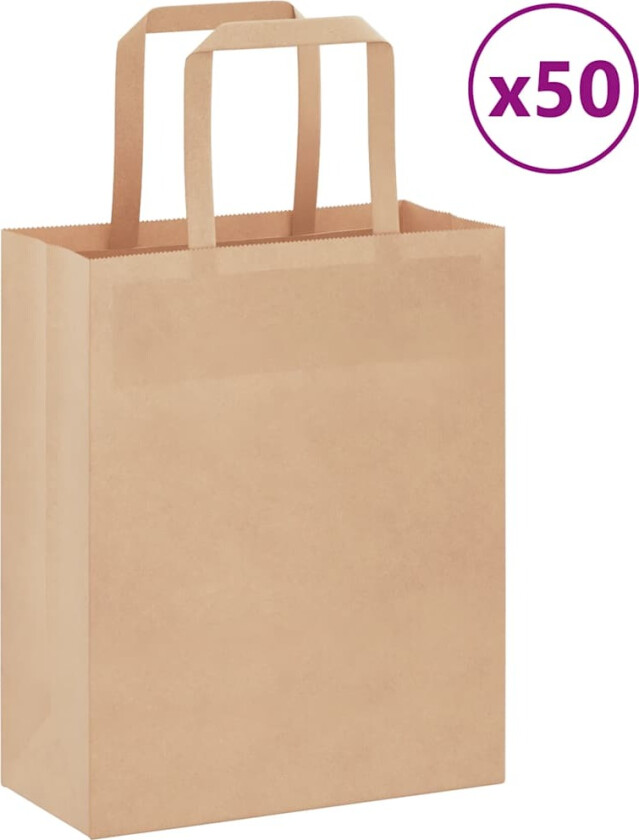 Kraftpapirposer 50 stk med håndtak brun 18x8x22 cm