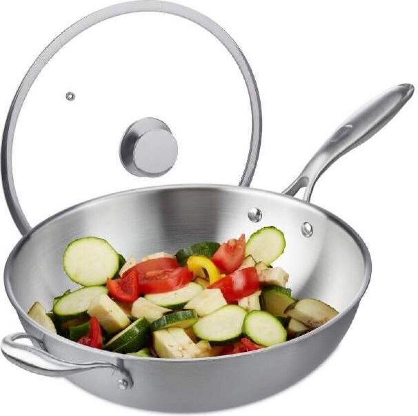 Wok i rustfritt stål med glasslokk