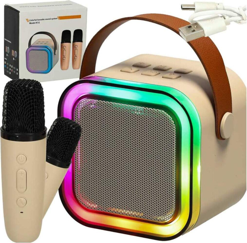 Karaokesett 2 mikrofoner + bærbar høyttaler BLUETOOTH USB LED beige