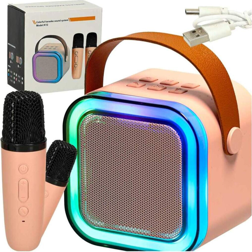 Karaokesett 2 mikrofoner + bærbar høyttaler BLUETOOTH USB LED rosa