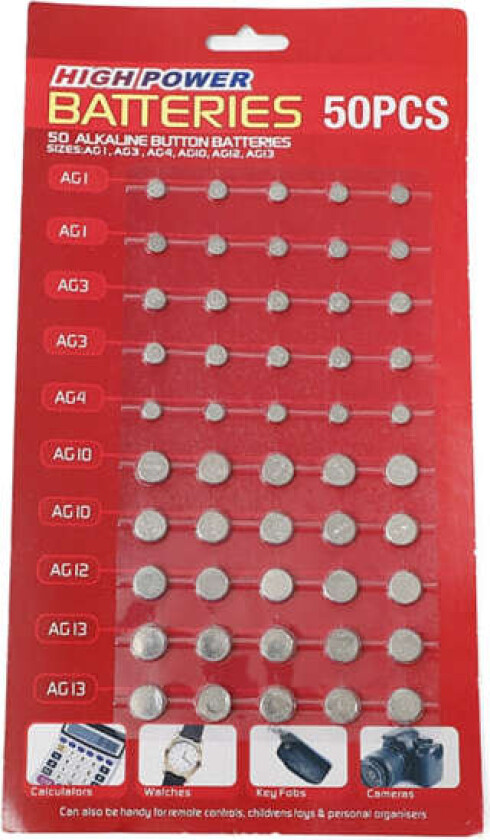 50 stk AG1/AG3/AG4/AG10/AG12/AG13 sett for klokke Leke Klokke Minimal kalkulator Blandet knappcelle Batterisett
