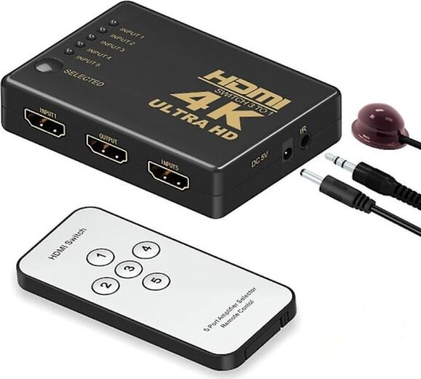 HDMI-bryter 4K, intelligent 5-ports HDMI-bryter, splitter, støtter 4K