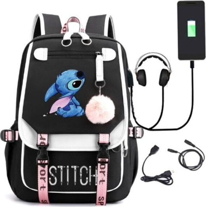 stitch ryggsekk barn ryggsekker ryggsekk med USB-uttak 1 stk svart svart