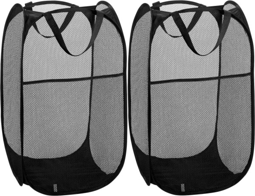 Sammenleggbar Mesh Pop Up Vaskeri Kurv med Bred Åpning og Sidelomme - Pustende, Robust, Sammenleggbar, Plassbesparende Design (Svart | 2-Pakning)