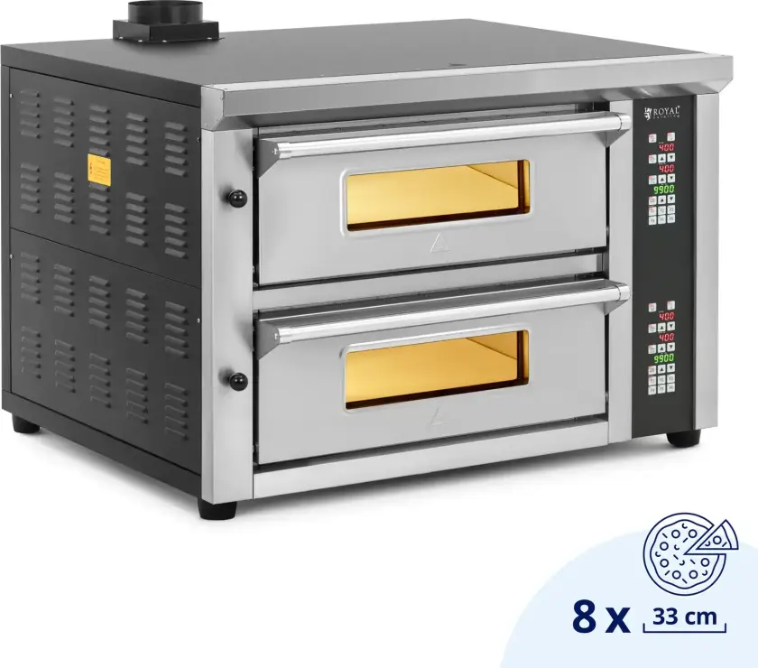 Elektrisk pizzaovn - 4+4 x 33 cm - 2 kammer - 8400 W - 400 V - digital - ildleirestein - Royal Catering