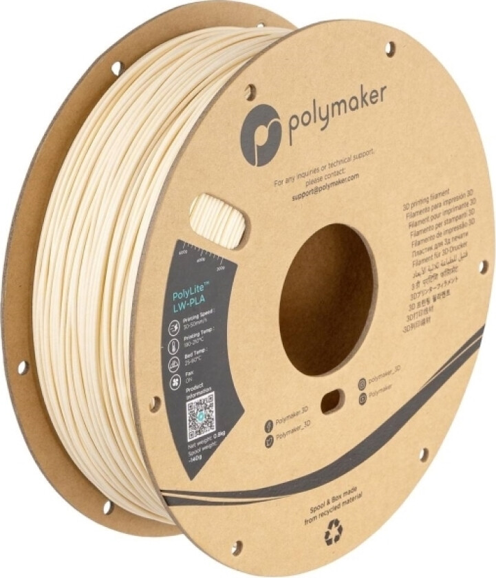 Polymaker Pa08002 Filament Lw-Pla Mat, Lav Massefylde 1.75 Mm 800 G Hvid Polylite™ 1 Stk