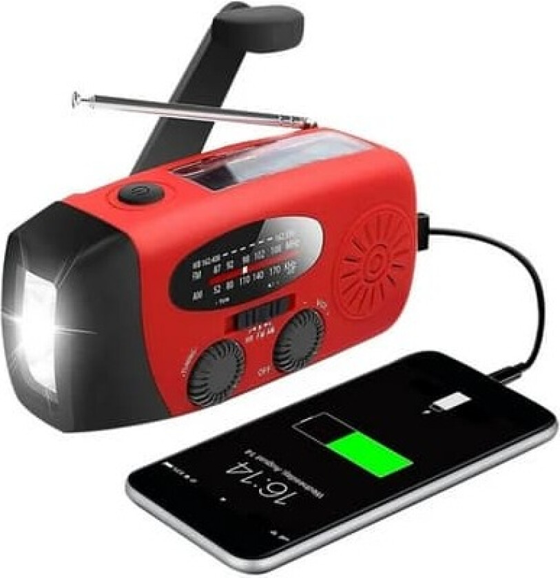 Red Sveiv radio med solceller, lommelykt og 2000mAh Powerbank nødradio, overlevelse