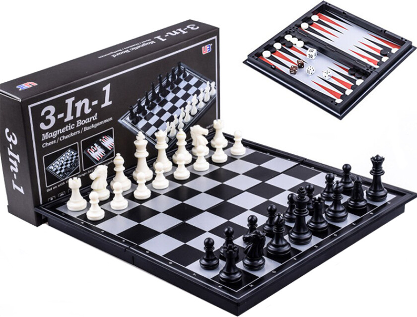 3-i-1 Brettsplll med Sjakk, Damm og Backgammon