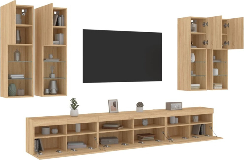 Vegghengte TV-benker med LED 7 stk sonoma eik