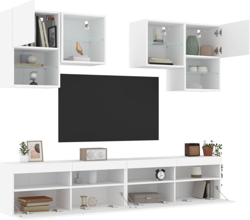 Vegghengte TV-benker med LED 6 stk hvit