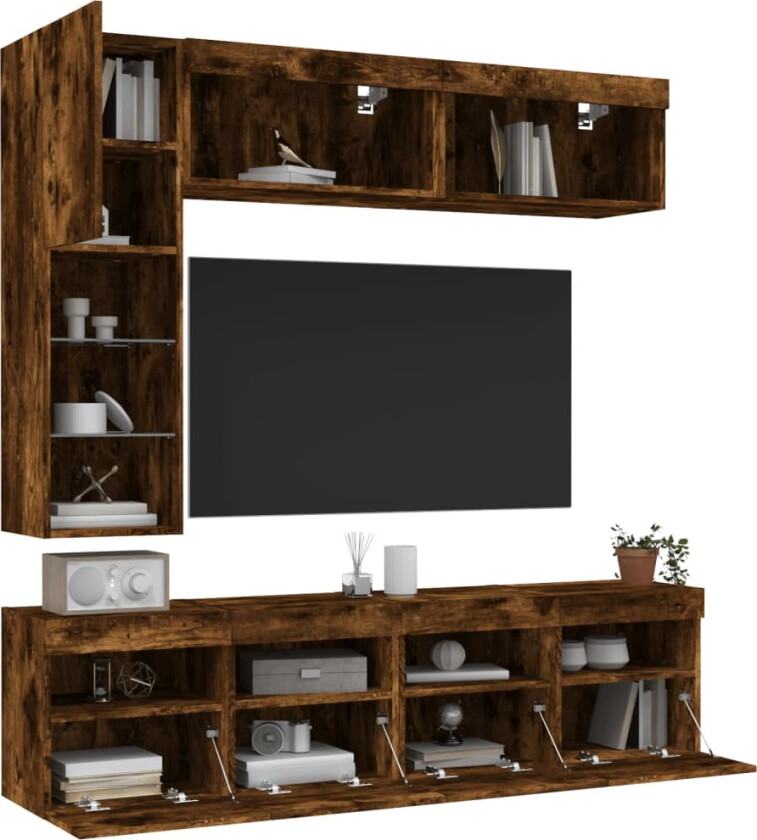 Vegghengte TV-benker med LED 7 stk røkt eik