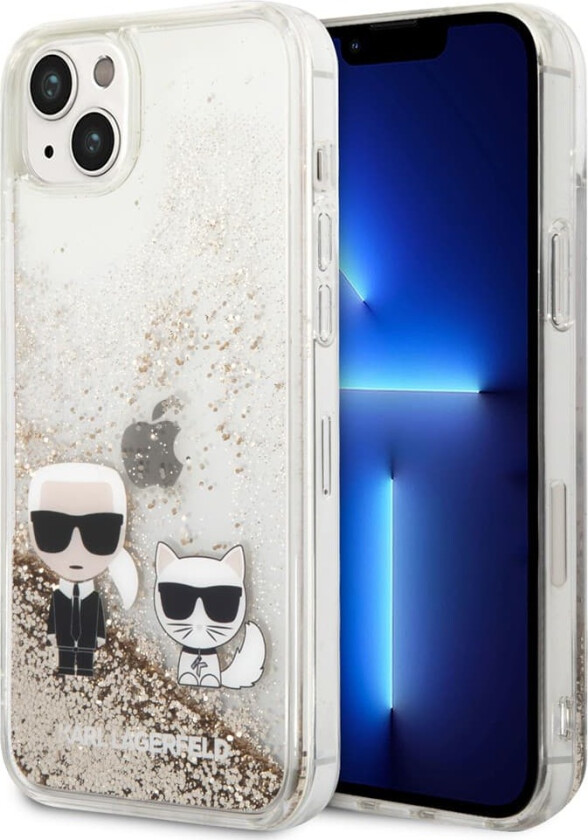 iPhone 14 Plus Deksel Liquid Glitter Karl & Choupette Gull
