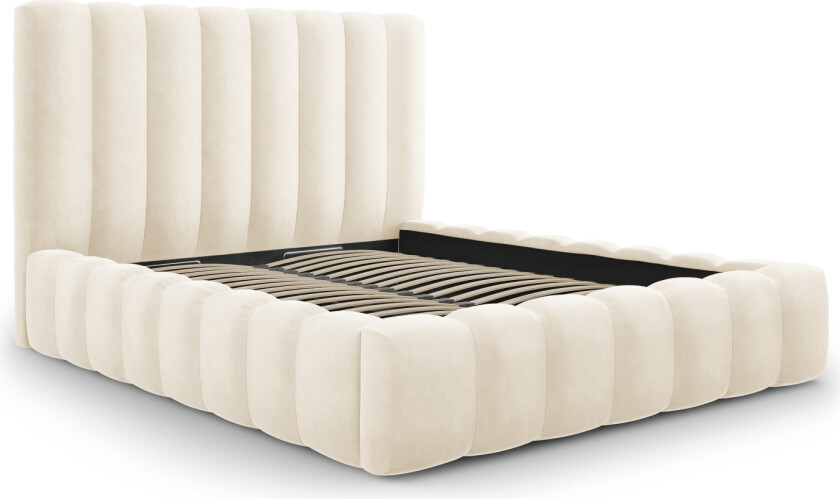 MICADONI Kelp sengeramme, med sengegavl og lameller - beige fløyel og svart plast (230x225x125)