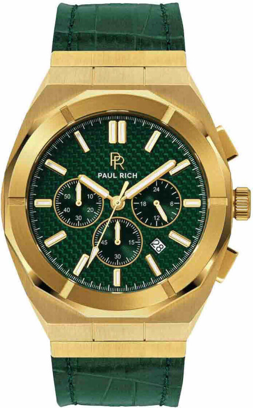 Motorsport - Carbon Fiber Green Golden Leather - Kvarts - Gull - Herreklokker - Skinn