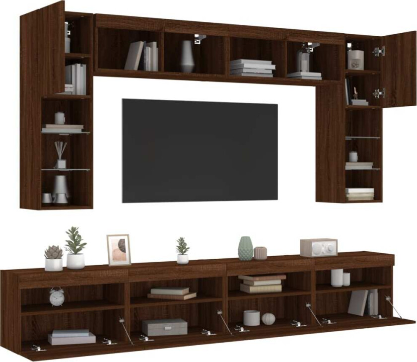 Vegghengte TV-benker med LED 8 stk brun eik