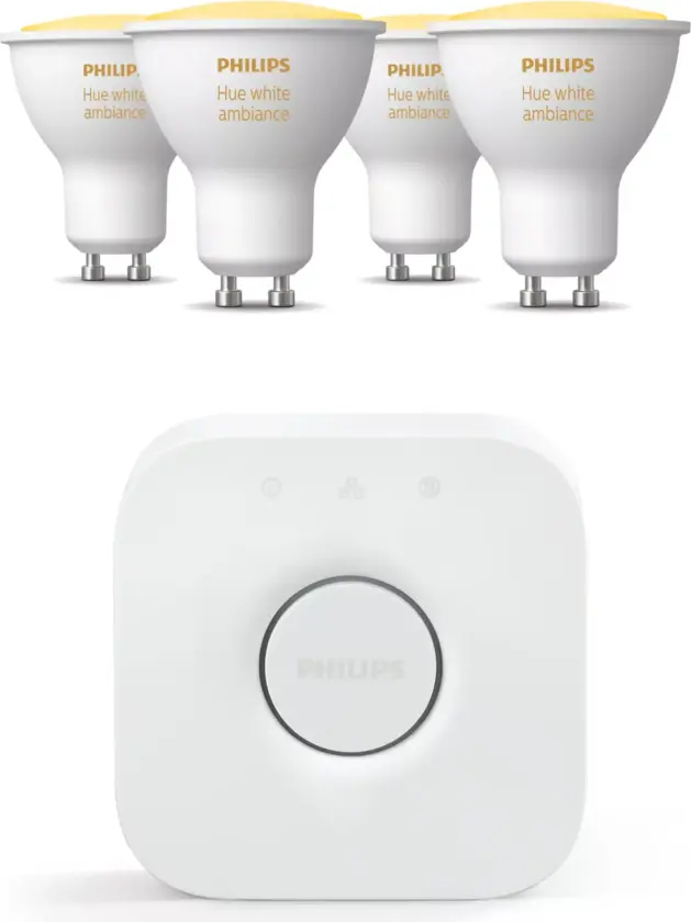 Pakke: 4 White ambiance GU10 + Hue Bridge