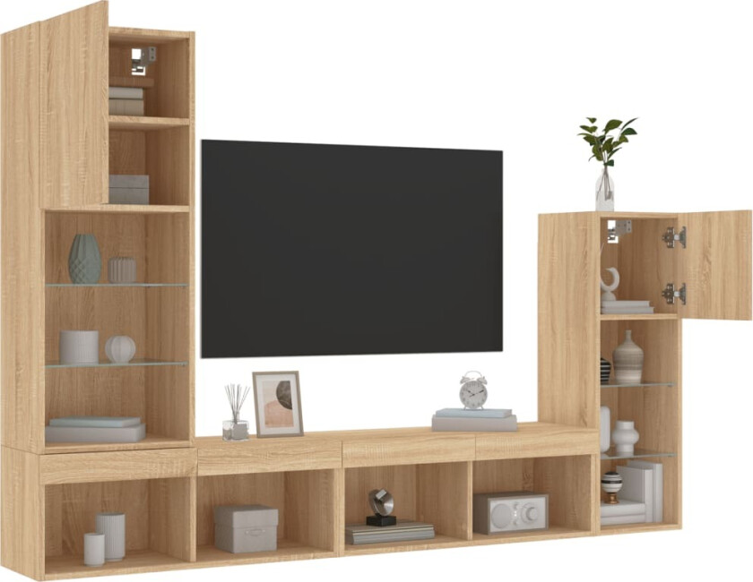 Vegghengte TV-enheter med LED 4 deler sonoma eik konstruert tre