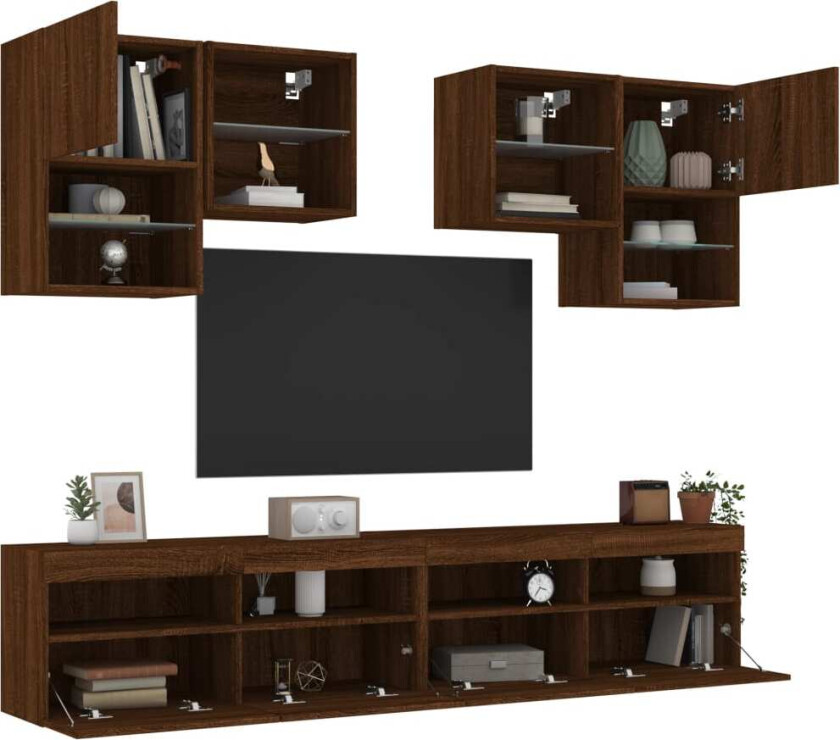 Vegghengte TV-benker med LED 6 stk brun eik