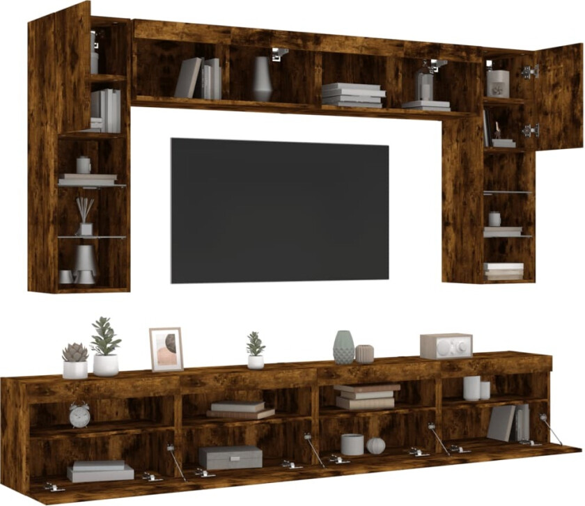 Vegghengte TV-benker med LED 8 stk røkt eik