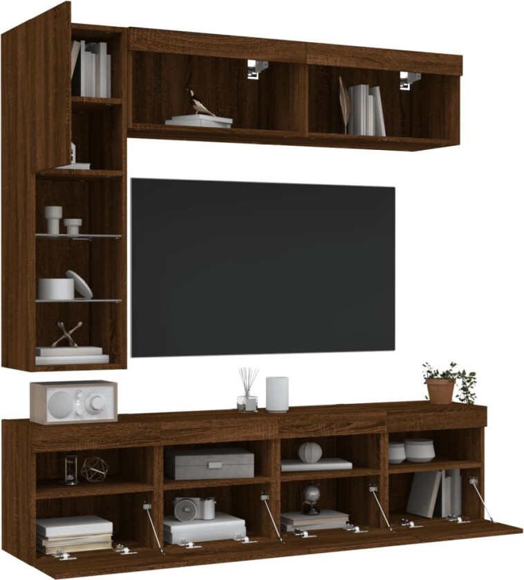 Vegghengte TV-benker med LED 7 stk brun eik
