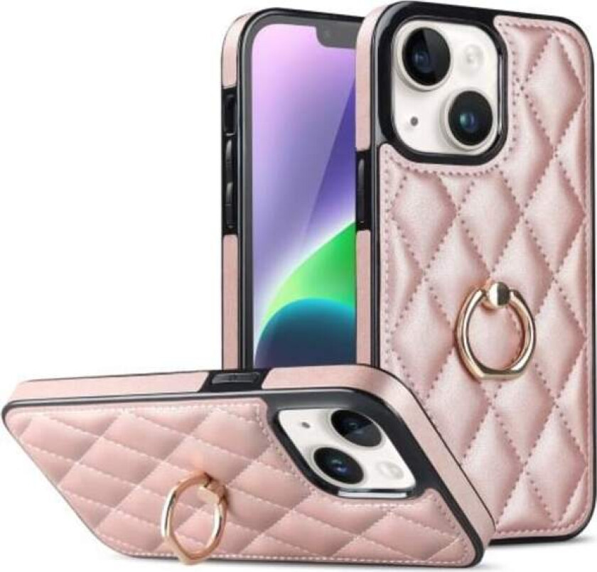 iPhone 14 Case Rhombus Grid Pattern Back Cover Ring Kickstand - Rose Gold Pink gold