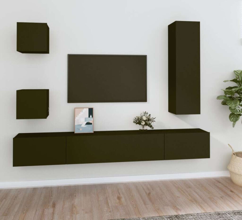 TV-benksett 5 deler svart konstruert tre