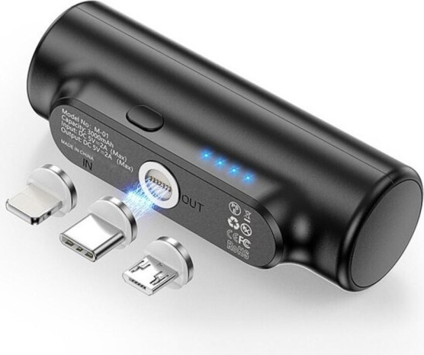 3000mAh Bärbar Powerbank USB-C/ Lightning / Micro USB Black