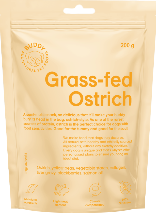 Buddy Petfoods Grass-Fed Ostrich Hundegodteri 200 g