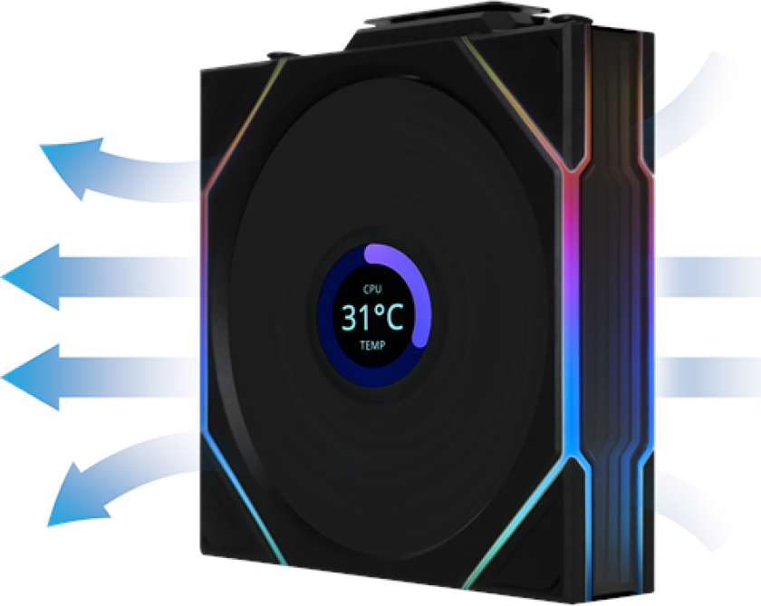 UNI FAN TL Wireless LCD Reverse - Kabinettvifte - 120mm - Svart med RGB LED-lys - 33 dBA