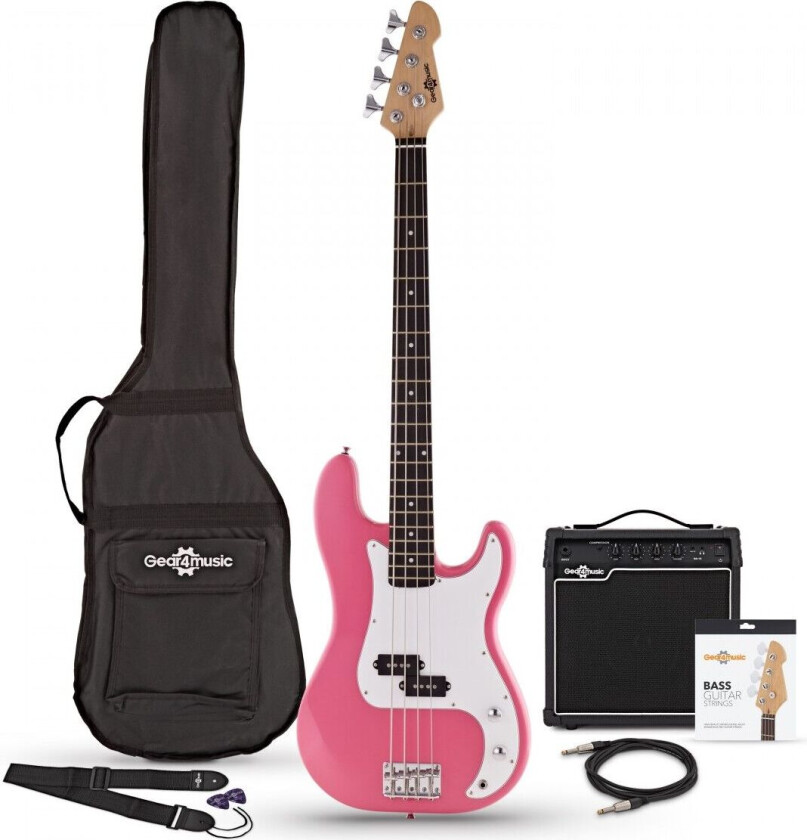 Gear4Music LA Bassgitar + 15W Forsterkerpakke Rosa