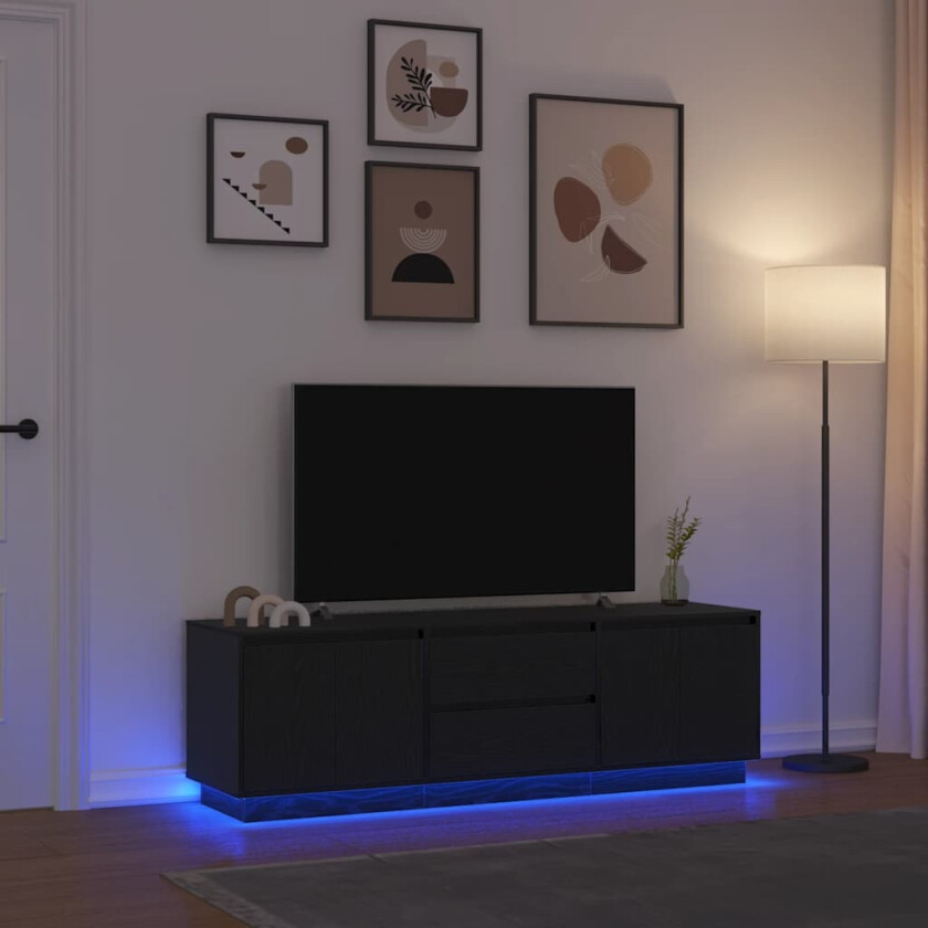 TV-benk med LED-lys svart eik 160,5x41x50 cm