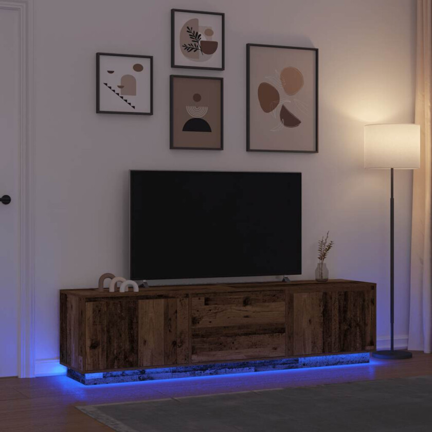 TV-benk med LED-lys gammelt tre 193,5x41x50 cm