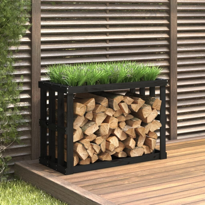 Utendørs vedstativ svart108x52x74 cm heltre furu