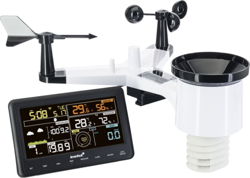 Funksjoner: Klokke, Kalender, Vekkerklokke, Termometer, Barometer, Hygrometer, Vindmåler/Vindsensor, Regnmåler, Værmelding, Månefase, Duggpunkt, Varm