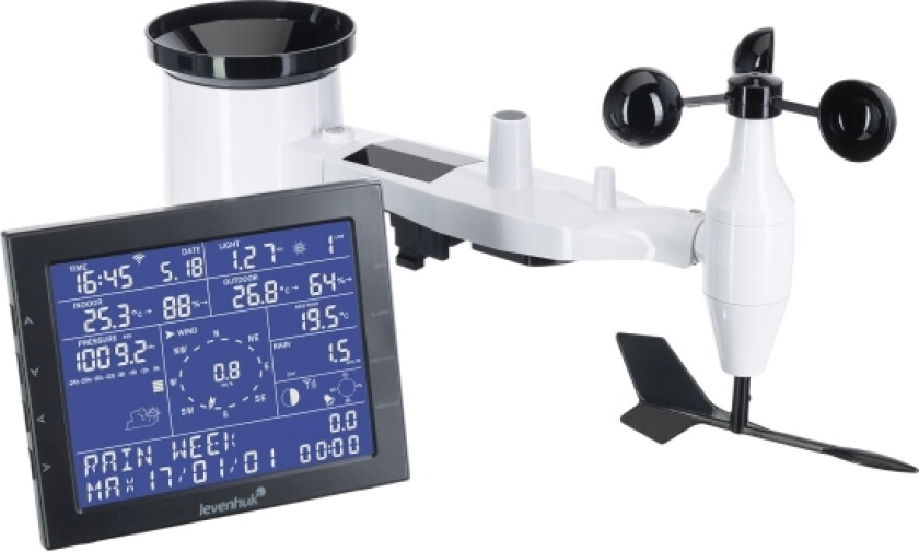 Funksjoner: Klokke, Kalender, Vekkerklokke, Termometer, Barometer, Hygrometer, Vindmåler/Vindsensor, Regnmåler, Værmelding, Månefase, Duggpunktmåling