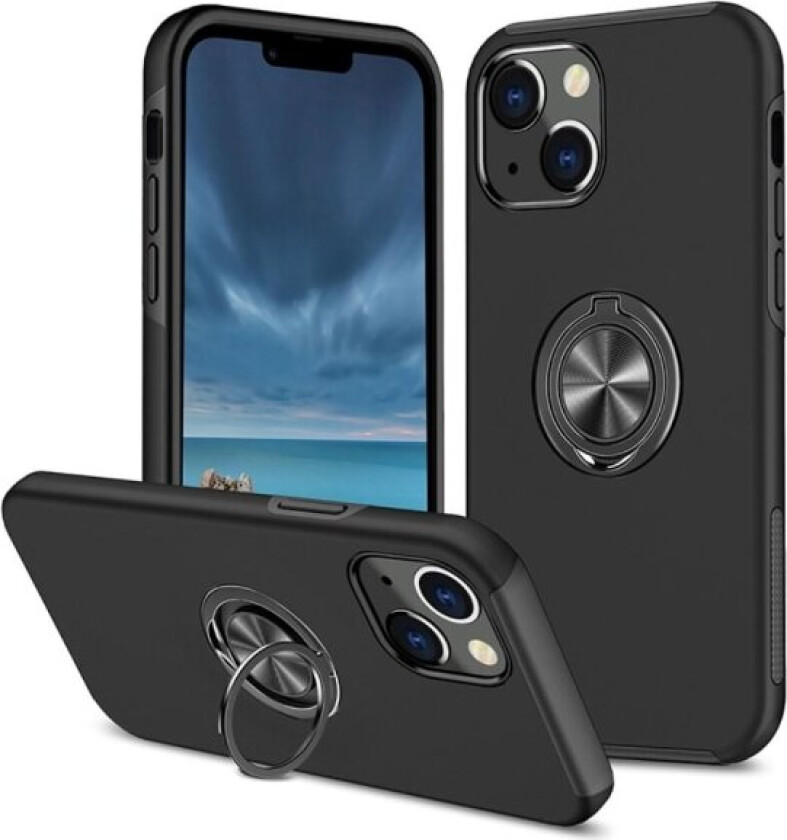 For iPhone 15 Plus Finger Ring Kickstand Hybrid Case - Black Black