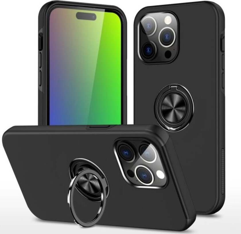For iPhone 15 Pro Max Finger Ring Kickstand Hybrid Case - Black Black