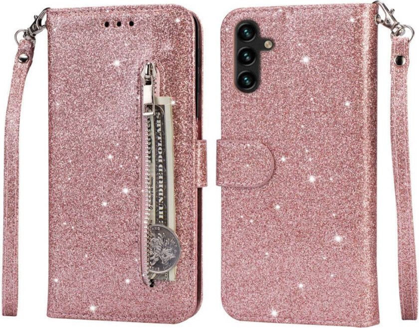 Samsung Galaxy S25 Glitter Flip Deksel m. Glidelåslomme & Ståfunksjon - Rosa