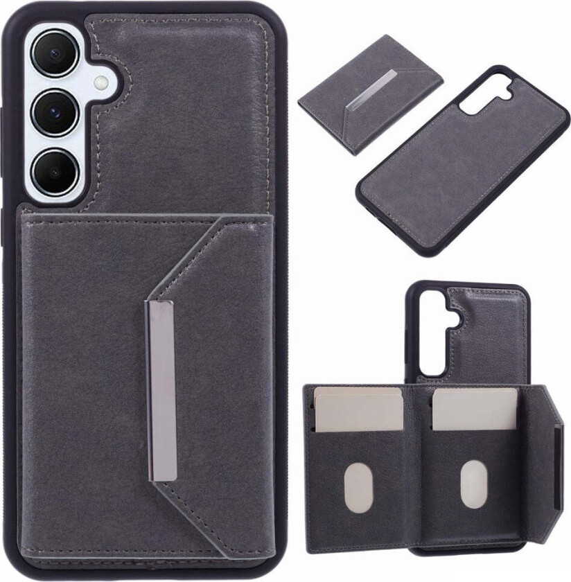 Samsung Galaxy S25 2-i-1 Kunstskinn Deksel m. Kortholder & Ståfunksjon - Grå
