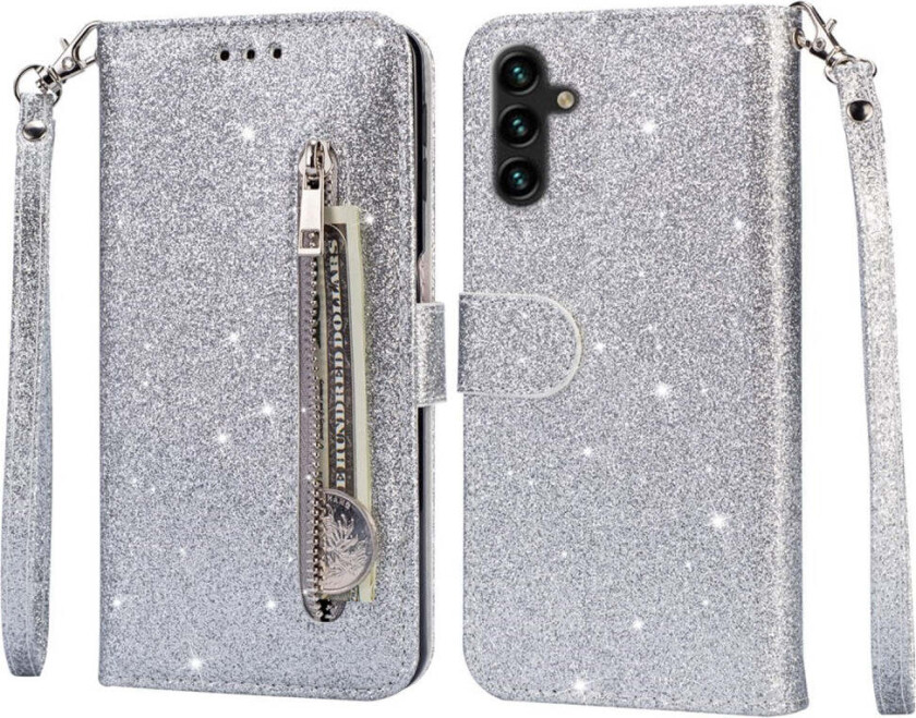 Samsung Galaxy S25 Glitter Flip Deksel m. Glidelåslomme & Ståfunksjon - Sølv