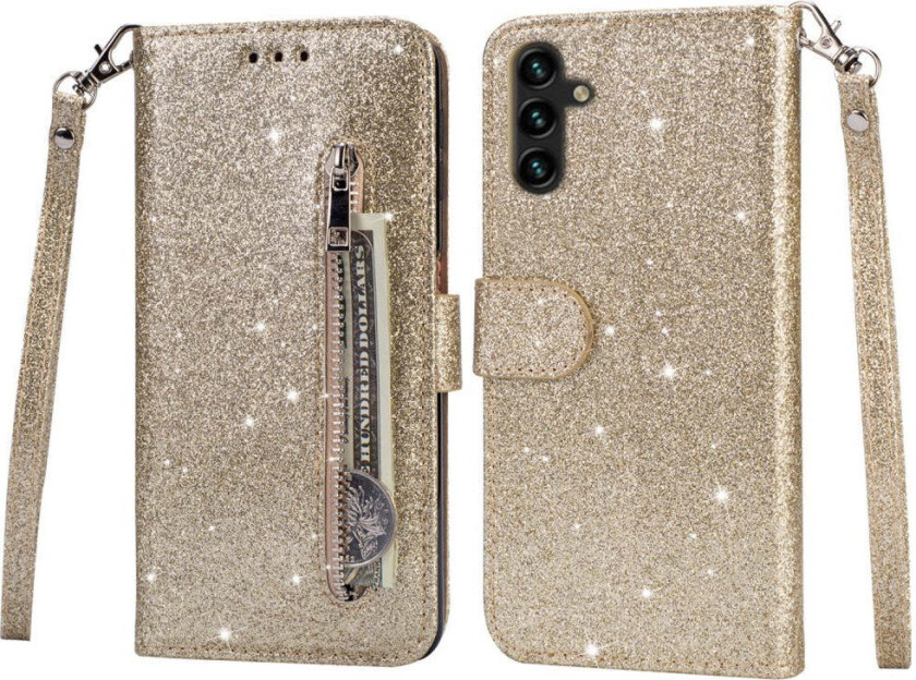 Samsung Galaxy S25 Glitter Flip Deksel m. Glidelåslomme & Ståfunksjon - Gull