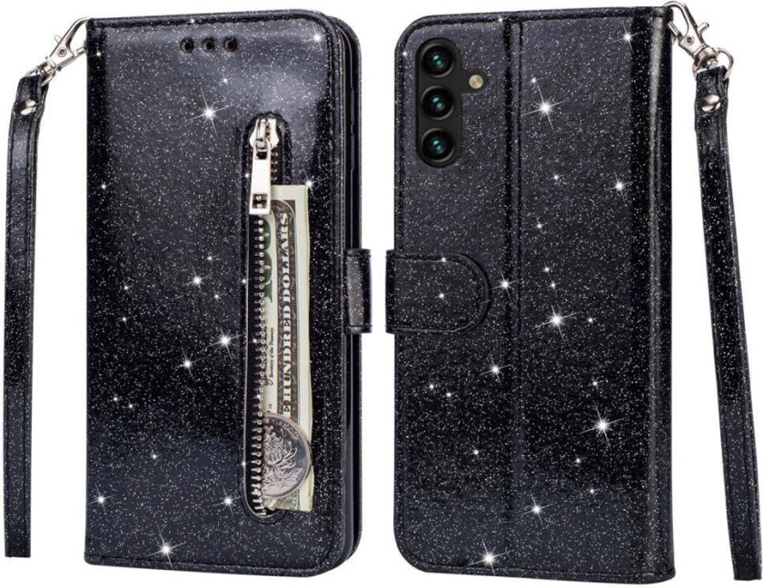Samsung Galaxy S25 Glitter Flip Deksel m. Glidelåslomme & Ståfunksjon - Svart