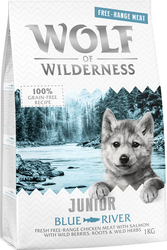 1 kg Wolf of Wilderness hundefôr til spesialpris! - JUNIOR - Blue River - Frittgående kylling & Laks