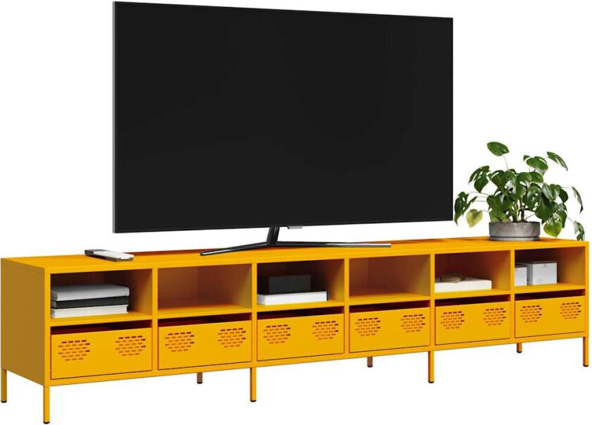 TV-benk sennepsgul 202x39x43,5 cm kaldvalset stål