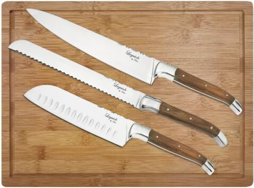 3 Knivsæt i Oliventræ Med Bambus Skærebræt (Santoku + Kokke + Brødkniv)