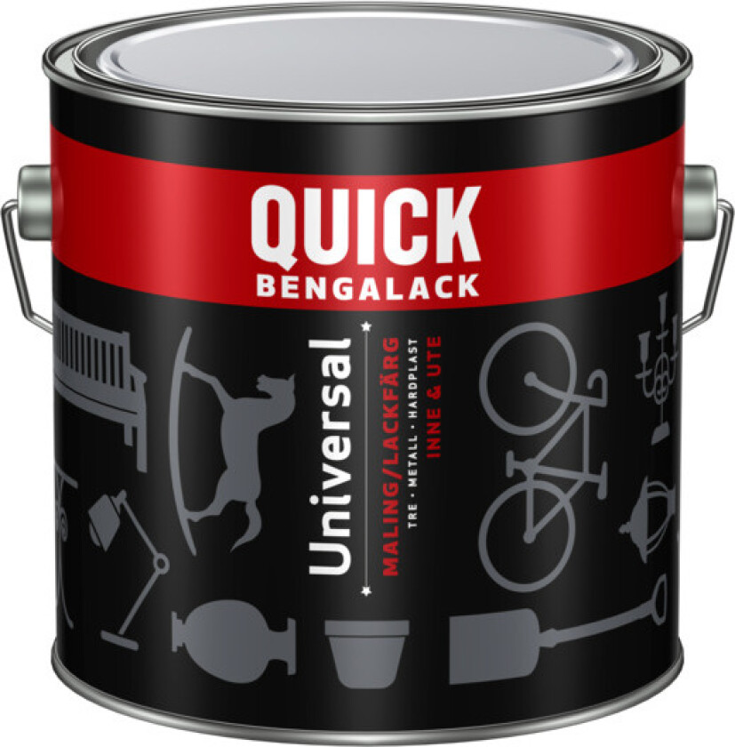 Quick Bengalack Universal silkematt maling Gir en flott og silkematt overflate. Tåler tøff bruk både ute og inne. Anbefalt forbruk pr. strøk: 10-12 m²/liter.