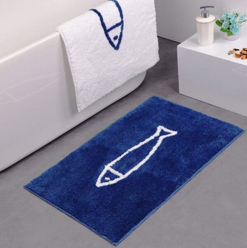 Sklisikker badematte, blått og hvitt fiskemønster sklisikker badematte hurtig tørkende kjøkkenmatte baderomsmatte (50x80cm, blå)