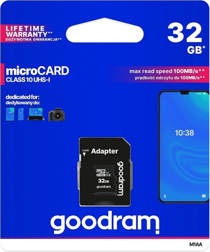 Mikrokort 32GB micro SD HC UHS-I klasse 10 minnekort + SD-adapter